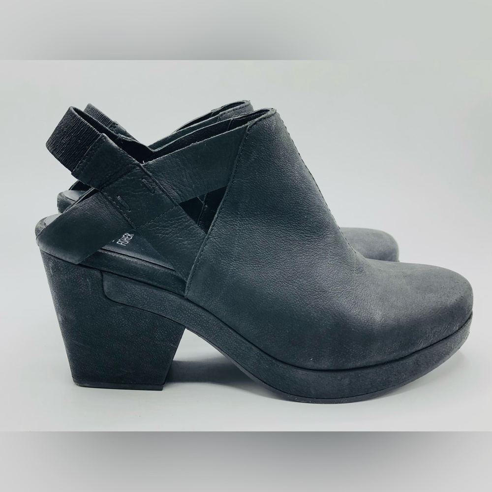 Eileen Fisher Grip WS Black Washed Nubuck Slingback Block Heel Shoes 9M EUC